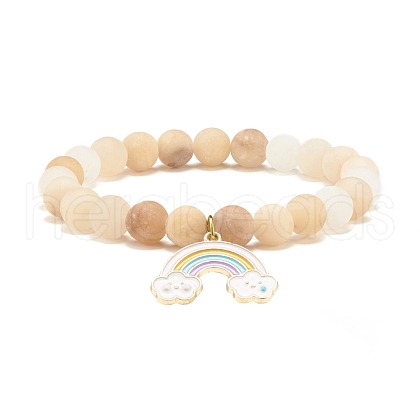 Natural Pink Aventurine Round Beaded Stretch Bracelet with Alloy Rainbow Alloy Charm BJEW-JB07171-1