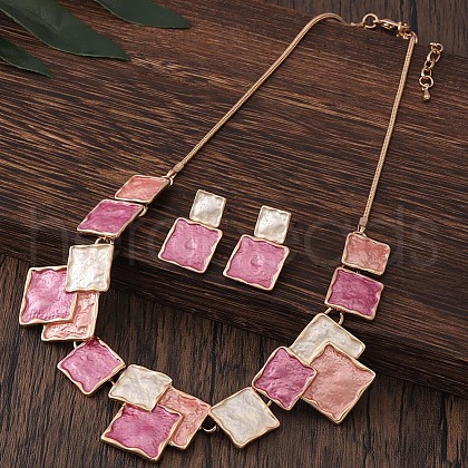 Square Zinc Alloy Enamel Pendant Necklaces & Stud Dangle Earrings Sets FS-WG2E030-02-1