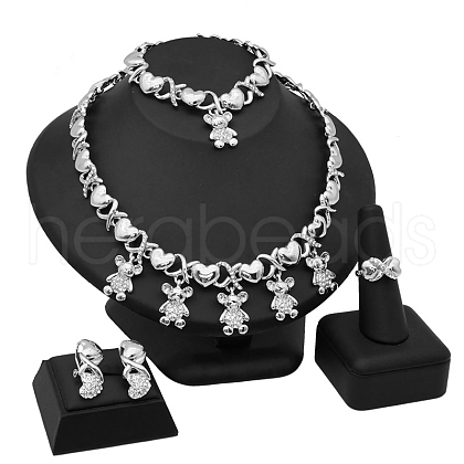 Bear Alloy Crystal Rhinestone Link Chain Necklace & Bracelet & Stud Earring & Rings Sets FS-WGE7BD9-05-1