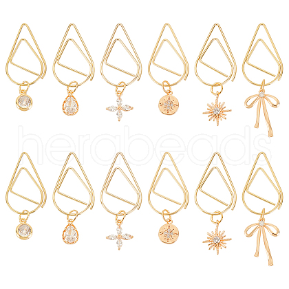 12Pcs 6 Style Flower/Snowflake/Bowknot Brass Micro Cubic Zirconia Charm Bookmarks AJEW-AB00184-1