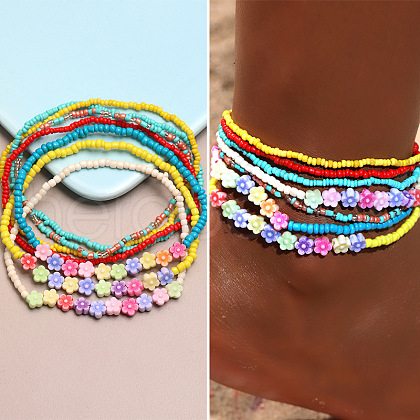 Bohemian Flower Resin & Glass Seed Beaded Stretch Multi-Layered Anklet Sets WG187EB-03-1