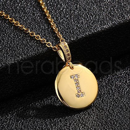 Brass Micro Pave Clear Cubic Zirconia Flat Round with Letter Pendant Necklaces FS-WG00655-09-1