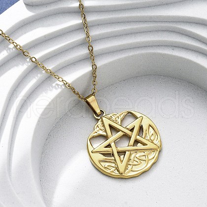 Viking Pentagram 304 Stainless Steel Pendant Necklaces NJEW-M096-01G-1