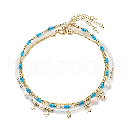 3Pcs 3 Style Natural Pearl & White Moonstone & Synthetic Turquoise & Opalite Beaded Necklaces Set NJEW-JN04000-1