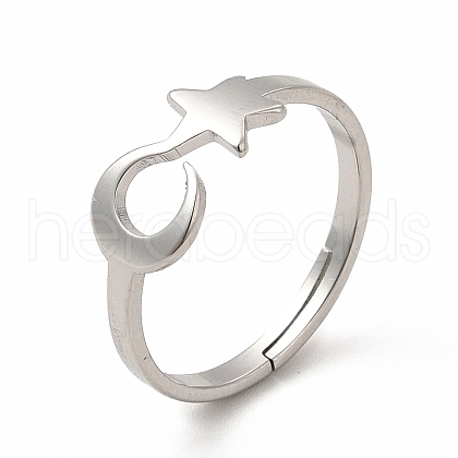 304 Stainless Steel Star and Moon Adjustable Ring for Women RJEW-B027-15P-1