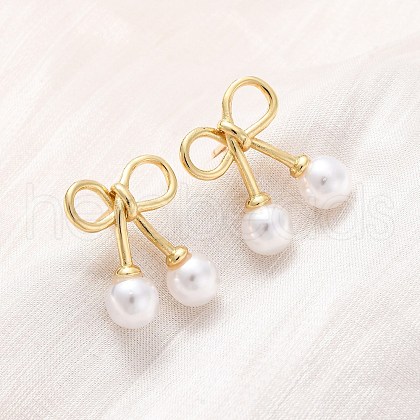 Cherry Brass ABS Plastic Pearl Stud Earrings EJEW-U062-03G-01-1