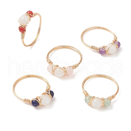 Natural Mixed Gemstone Round Beaded Finger Rings RJEW-JR00571-1