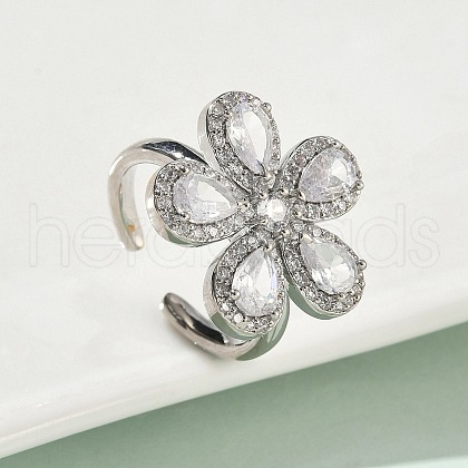 Flower Brass Micro Pave Cubic Zirconia Cuff Rings for Women RJEW-A069-14P-03-1