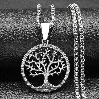 304 Stainless Steel Tree of Life Pendant Box Chain Necklaces for Men NJEW-S440-16P-1