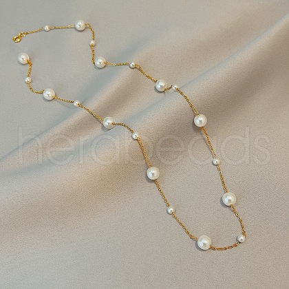 Stainless Steel & Imitation Pearl Round Link Chain Necklaces for Women WGE4439-01-1