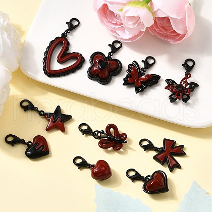 10Pcs Red and Black Double Screen Alloy Pendant Decorations HJEW-JM03457-1