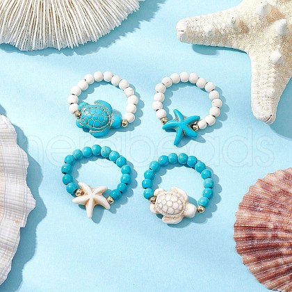 Synthetical Turquoise Beaded Rings RJEW-TA00194-1