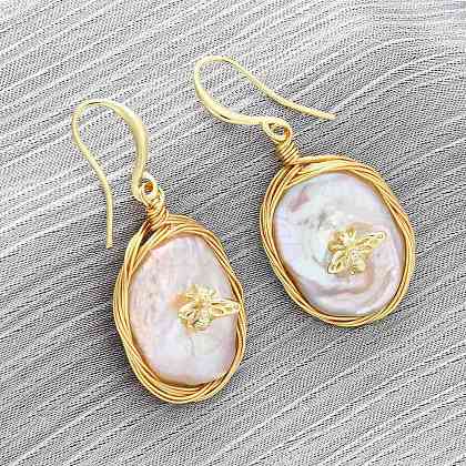 Oval with Insects Brass Baroque Pearl Dangle Earrings EJEW-Q043-03G-1