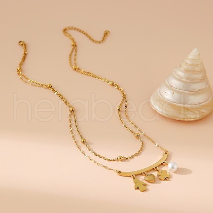 304 Stainless Steel & Imitation Pearl Clover Heart Double Layer Necklaces for Women NJEW-V004-02G-1