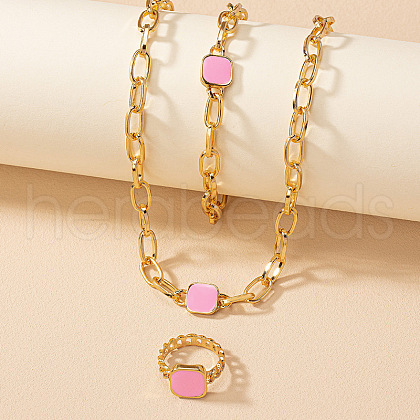 Square Alloy Enamel Cable Chain Necklaces & Bracelets & Rings Sets FS-WG26D3B-01-1