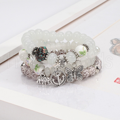 4Pcs Bohemian Style Alloy & Glass & Acrylic Charm Bracelets Set WG8E884-01-1