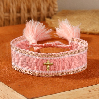 Cross Embroidered Tassel Cloth Woven Braid Bracelet PW-WG23157-05-1