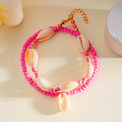 Bohemian Style Natural Cowrie Shell Charm & Glass Seed Beaded Stretch Double Layer Anklets for Women FS-WGC801A-07-1