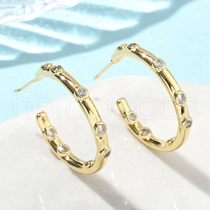 C-Shaped Brass Micro Pave Clear Cubic Zirconia Stud Earrings EJEW-A132-14G-1