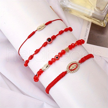 4Pcs 4 Styles Golden Alloy Link & Resin Beads Braided Bead Bracelets & Glass Beads Stretch Bracelets FS-WG3FBEF-01-1