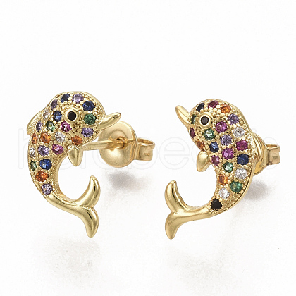 Brass Micro Pave Colorful Cubic Zirconia Stud Earrings EJEW-S208-021-1