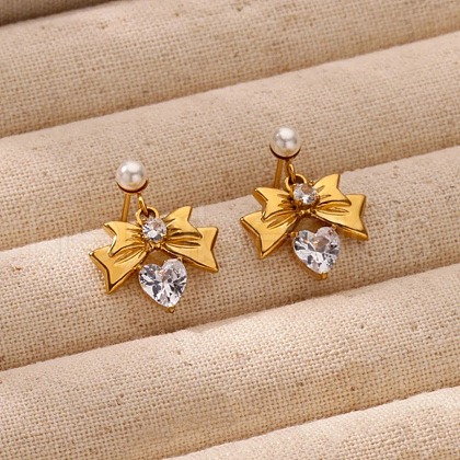 304 Stainless Steel Micro Pave Cubic Zirconia Bowknot Dangle Stud Earrings EJEW-U065-03G-01-1