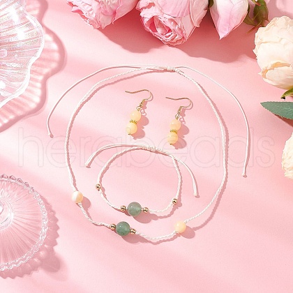 Natural Yellow Jade & Green Aventurine & Synthetic Hematite Beaded Necklace & Bracelet & Dangle Earring Sets SJEW-JS01326-1