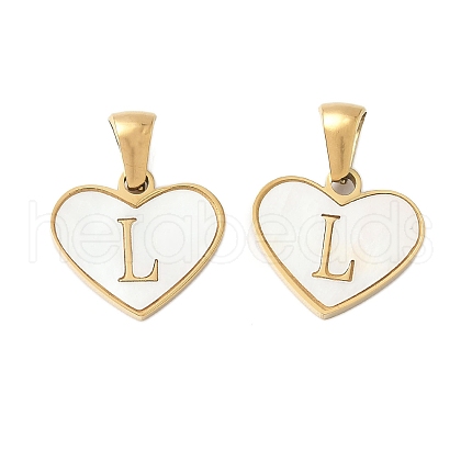 304 Stainless Steel Pave Natural White Shell Heart with Initial Slice Pendants STAS-R168-25G-L-1