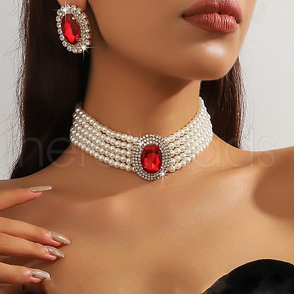 Oval Brass & Glass & Plastic Pearl Beaded Chain Collar & Stud Earrings Sets FS-WG5CD09-08-1