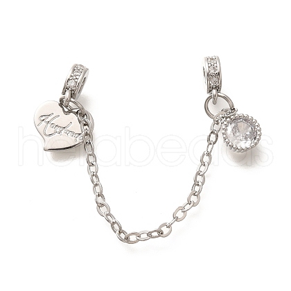 Brass Clear Cubic Zirconia European Safety Chains wtih Heart Charms KK-C085-15P-1