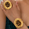 Oval with Leopard Print Pattern Alloy & Imitation Leather Cuff Bangles & Cuff Rings Sets FS-WG4B1E8-01-2
