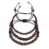 3Pcs Adjustable Natural Tiger Eye & Lava Rock & Synthetic Non-magnetic Hematite Bead Braided Bracelet Sets HN0580-5