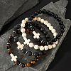 4Pcs Cross Natural Tiger Eye & Howlite & Lava Rock & Black Obsidian Round Beads Stretch Bracelets for Men CT3754-3