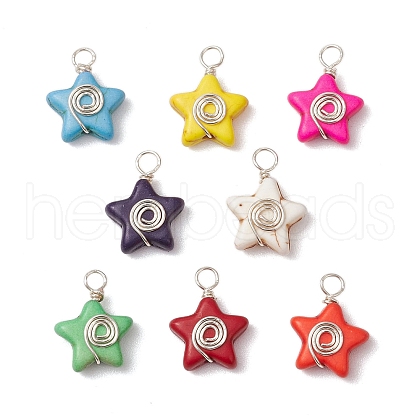 Dyed Synthetic Turquoise Copper Wire Wrapped Vortex Star Pendants PALLOY-JF03587-02-1