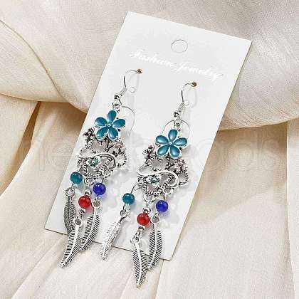 Flower & Feather Alloy Chandelier Earrings EJEW-G426-05AS-1