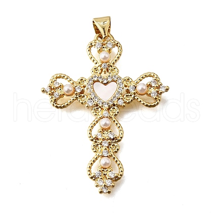Brass Micro Pave Cubic Zirconia ABS Imitation Pearl Pendants KK-D328-03G-D-1