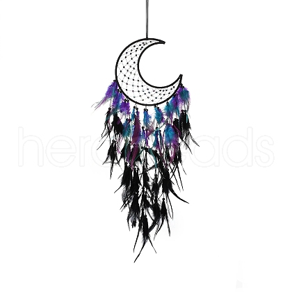 Moon Woven Web/Net with Feather Hanging Ornaments HJEW-G025-09A-1