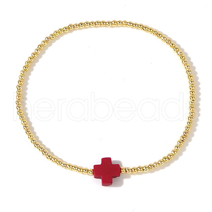 Cross Natural Gemstone & Brass Bead Stretch Bracelets for Women QE9707-2-1