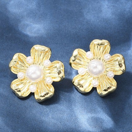 Flower Brass ABS Imitation Pearl Stud Earrings EJEW-M082-08G-1