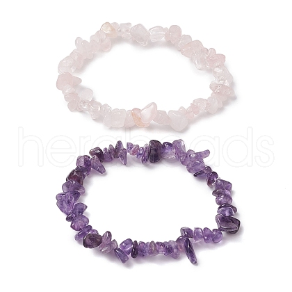 2Pcs 2 Style Natural Rose Quartz & Amethyst Chips Beaded Stretch Bracelets Set BJEW-JB11088-1
