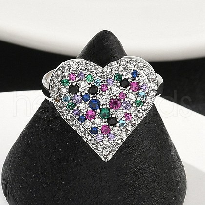 Heart Brass Micro Pave Cubic Zirconia Cuff Rings for Women RJEW-A069-12P-04-1