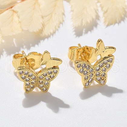 Brass Micro Pave Clear Cubic Zirconia Stud Earrings EJEW-D305-20G-03-1