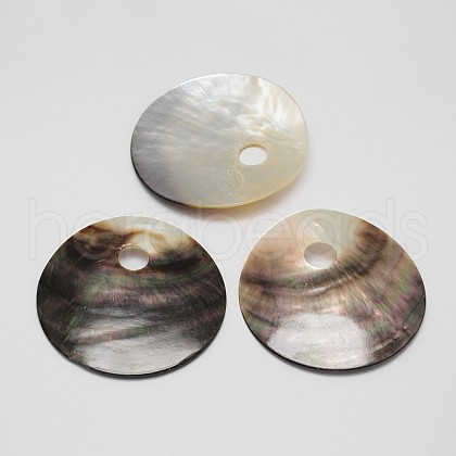 Flat Round Black Lip Shell Big Pendants SSHEL-M010-10-1