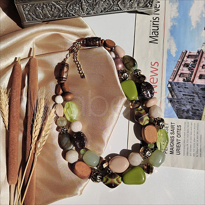 Wood & Resin Nuggets Beaded Double Layer Necklaces for Women FS-WGB5610-01-1
