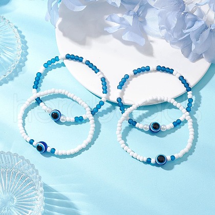 2Pcs 2 Styles Evil Eye Glass Beads Stretch Bracelets & Glass Seed Beads Stretch Bracelets for Women BJEW-JB11895-1