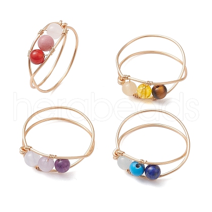4Pcs Copper Wire Wrapped Natural & Synthetic Gemstone Round Beaded Finger Rings for Women RJEW-JR00738-S-1