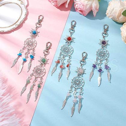 Woven Net/Web with Feather Alloy Pendant Decorations HJEW-JM03019-1