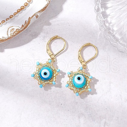 Star of David & Evil Eye Handmade Glass Seed Beads Leverback Earrings EJEW-MZ00389-05-1