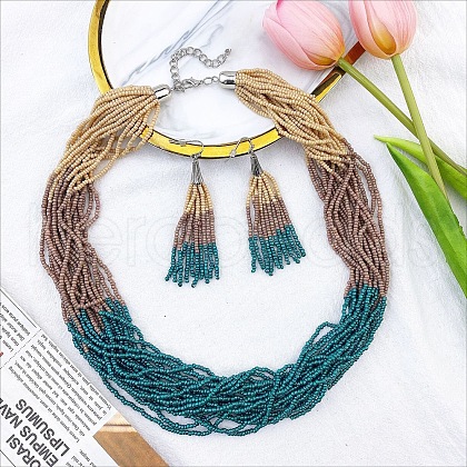 Bohemian Style Acrylic Seed Beaded Multilayer Necklaces & Tassel Dangle Earrings Sets FS-WG5C0BD-05-1