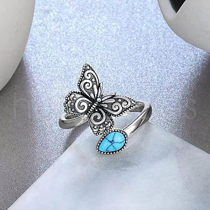 Butterfly & Teardrop Alloy with Resin Imitation Synthetic Turquoise Ajustable Cuff Rings FS-WG4D480-01-1